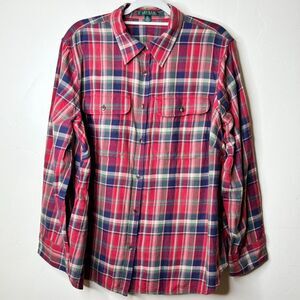 Lauren Ralph Lauren Shirt Women's 2X Multi Plaid Roll-Tab Button-Up Fall Holiday